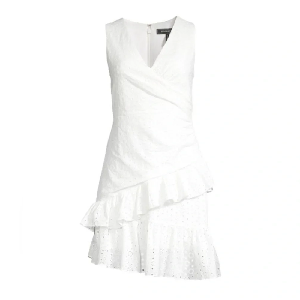 BCBGMAXAZRIA White Eyelet V Neck Crochet Wrap Dress Sz 6 $248 - Picture 3 of 8